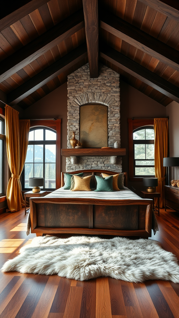 Luxurious rustic master bedroom featuring wooden beams, stone fireplace, and elegant decor.