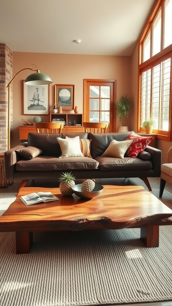 Cozy mid-century modern living room with rustic furniture and natural light