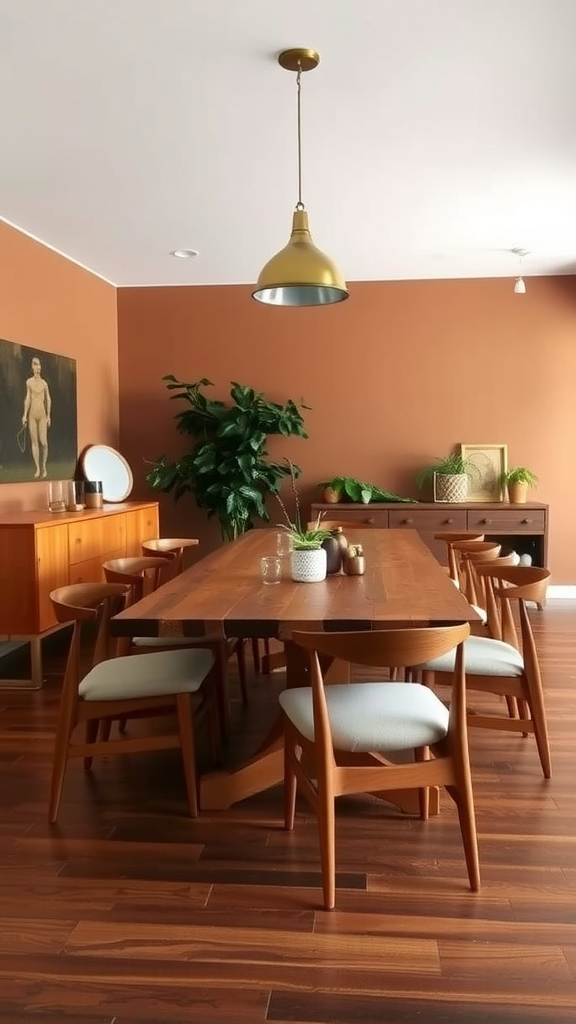 A rustic Mid Century modern dining room featuring a wooden table and muted color tones.