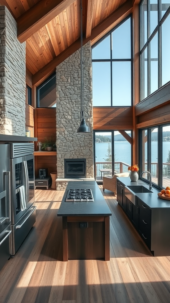 A spacious rustic modern kitchen with large windows overlooking a lake, featuring wooden beams, stone fireplace, and a kitchen island.