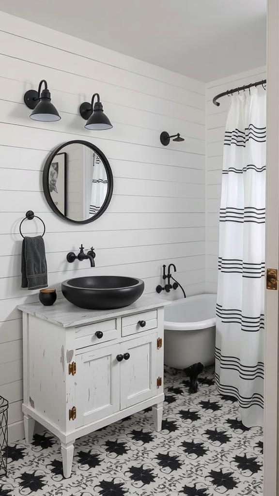 A rustic bathroom featuring white shiplap walls, black fixtures, a vintage-style cabinet, and patterned flooring.