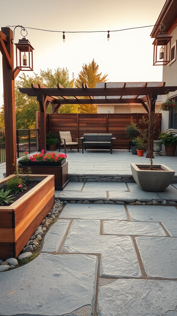 A rustic concrete patio with stone accents, wooden planters, and hanging lanterns, showcasing a cozy outdoor setting.