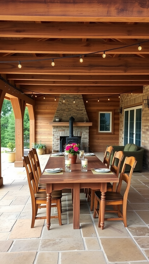 Rustic outdoor dining area with a wooden table and chairs, stone fireplace, and warm lighting.