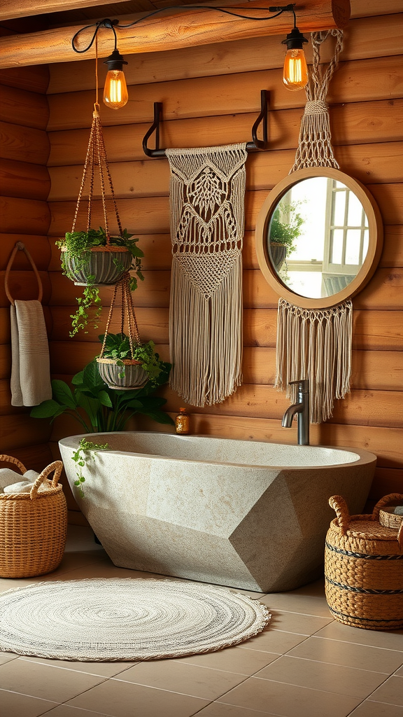 A rustic bathroom featuring a stone bathtub, wooden walls, macramé decor, and hanging plants.