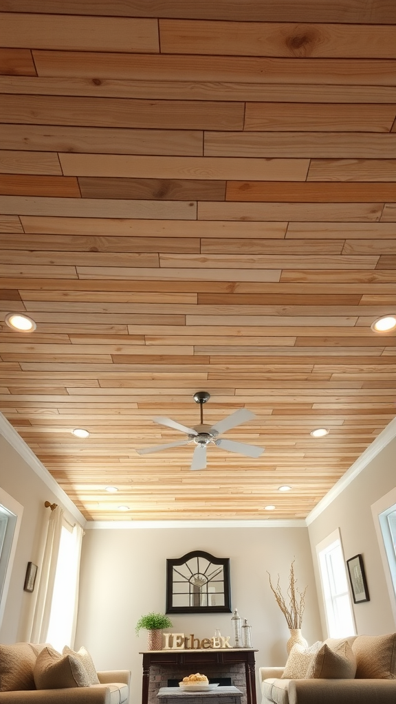 A cozy bedroom with a rustic shiplap ceiling in neutral tones, featuring a ceiling fan and soft furnishings.