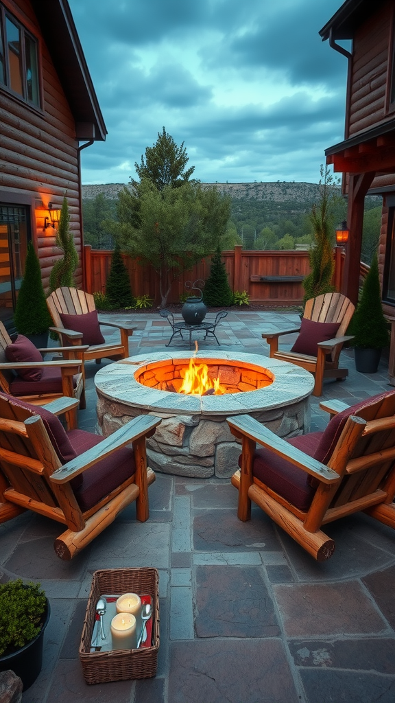 Rustic stone patio fire pit surrounded by wooden chairs and a cozy atmosphere