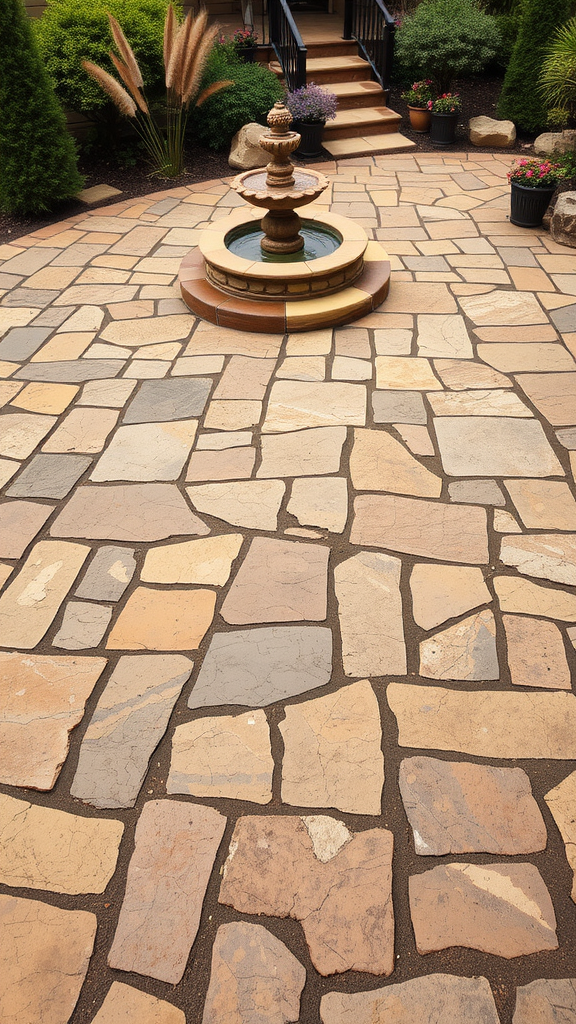 Rustic stone paver patio featuring a central water fountain surrounded by plants.