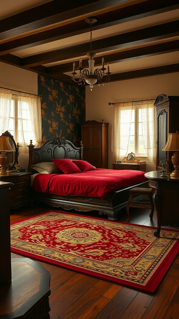 A rustic Victorian bedroom featuring dark furniture, red bedding, wooden beams, and a vintage chandelier.