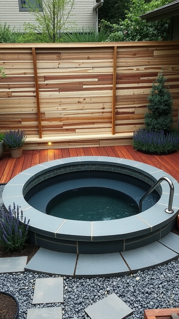 Rustic wood plunge pool with stone accents and wood deck