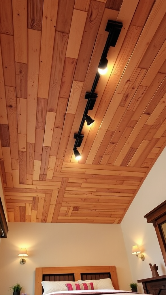 Bedroom with a rustic wood slat ceiling and track lighting