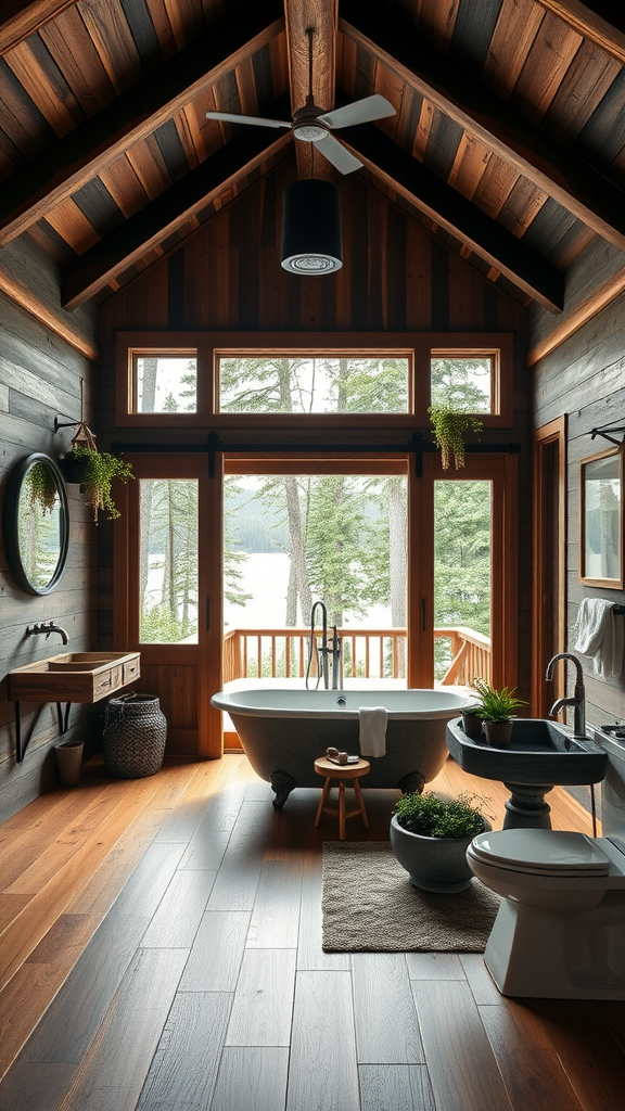 A rustic wooden bathroom with large windows, a freestanding bathtub, and natural decor.