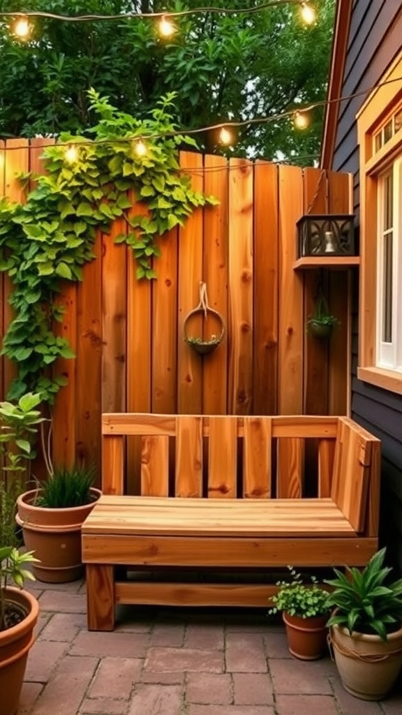 A rustic wooden bench on a patio surrounded by greenery and string lights.