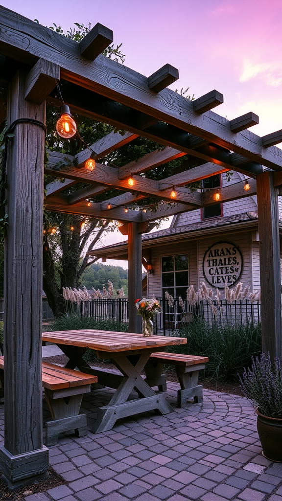 Rustic wooden pergola with string lights over a picnic table in a garden setting.