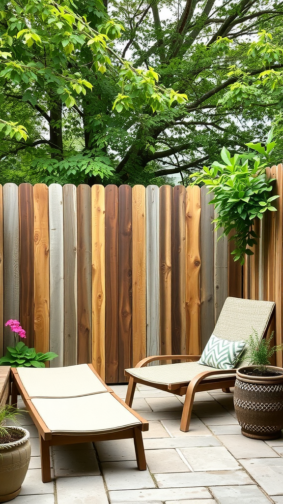 A rustic wooden privacy screen on a back patio with lounge chairs and potted plants.