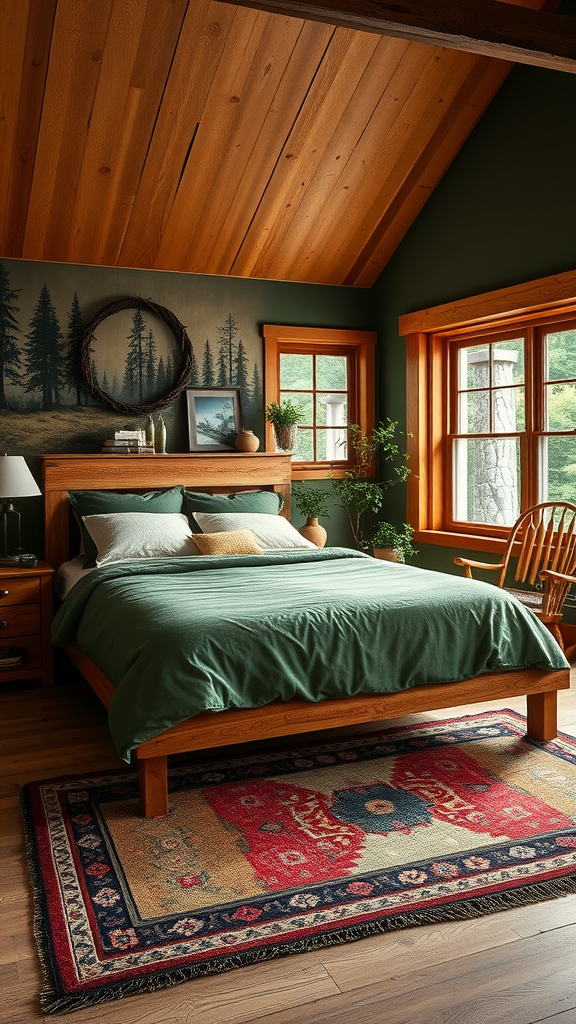 A rustic woodland bedroom featuring green walls, a wooden ceiling, and a cozy bed with a vibrant rug.