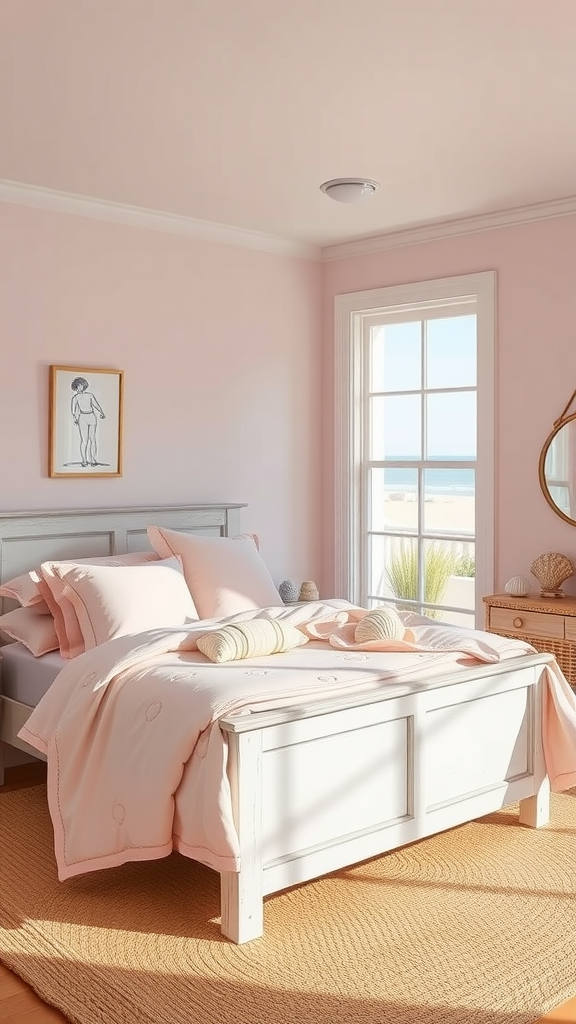 A cozy sandy pink beach house bedroom with soft pink walls, a white bed, and a seaside view.