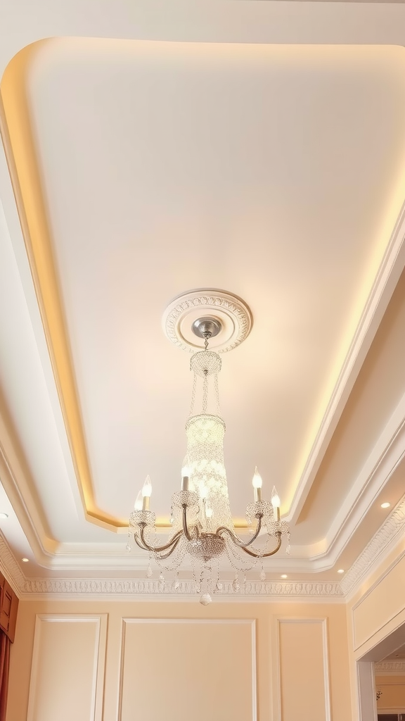 Elegant bedroom ceiling with satin finish and crystal chandelier