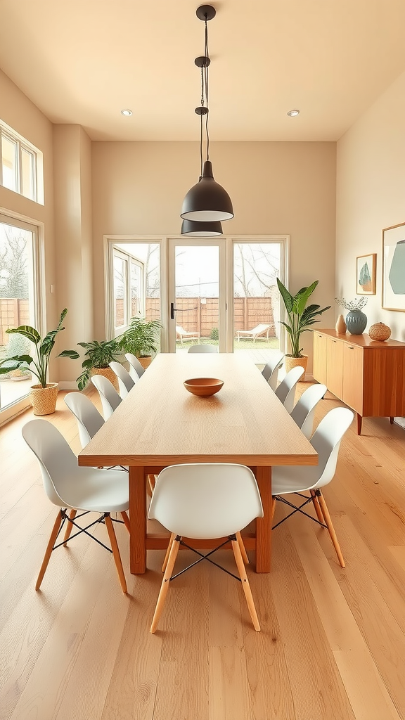 Scandinavian-inspired mid-century dining room with a wooden table, white chairs, and large windows.