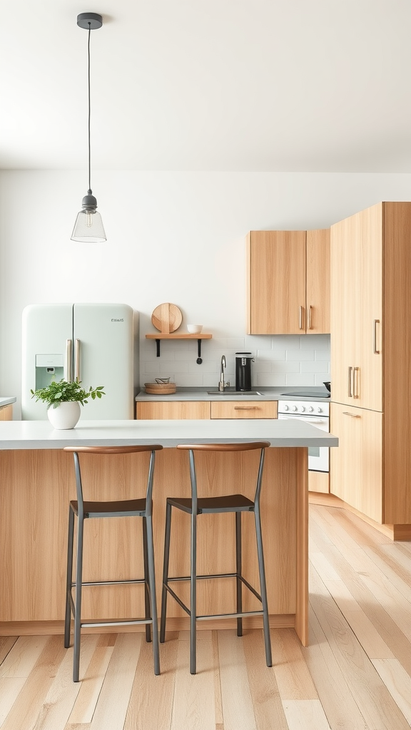 A modern Scandinavian-inspired kitchen featuring light wood cabinetry, a mint green refrigerator, and minimalist bar stools.