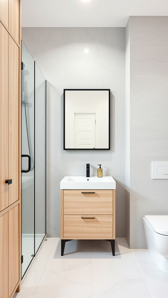 A modern Scandinavian-inspired bathroom featuring light wood cabinetry, a sleek sink, and a glass shower, set against light-colored tiles.