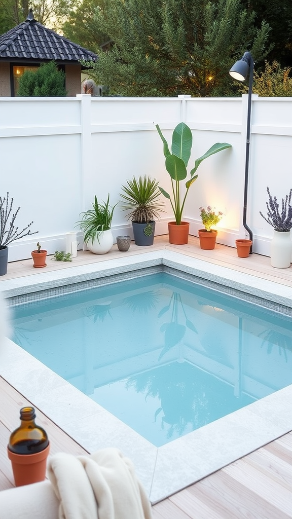 A Scandinavian-inspired plunge pool surrounded by plants and cozy decor in a small yard