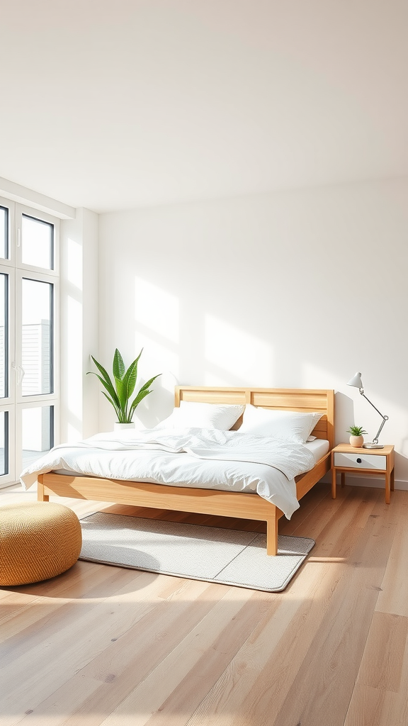 A bright Scandinavian bedroom with a wooden bed, soft bedding, a nightstand with a plant, and a cozy pouf.