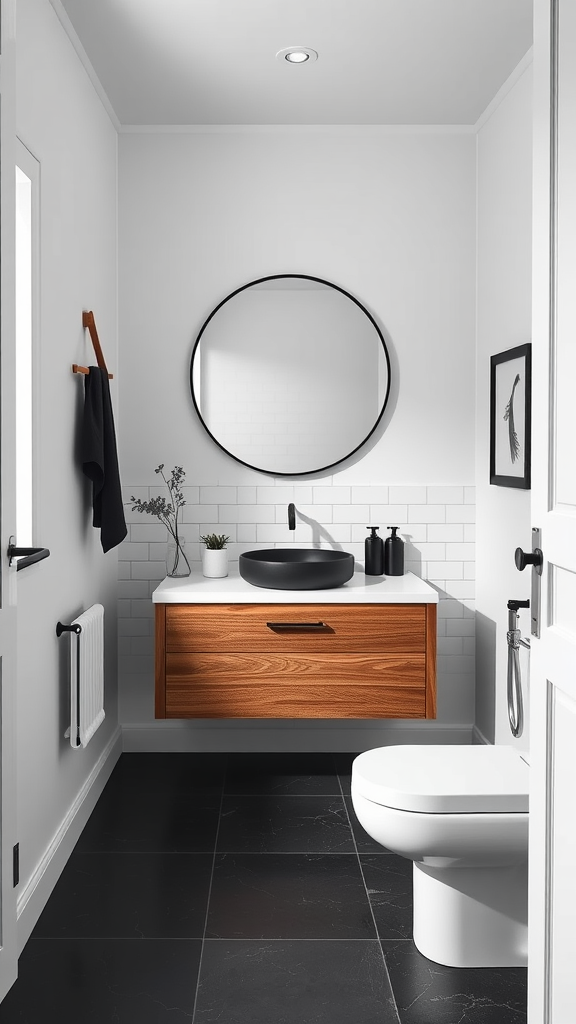 A modern black and white bathroom featuring a wooden vanity, round mirror, and minimalistic decor.