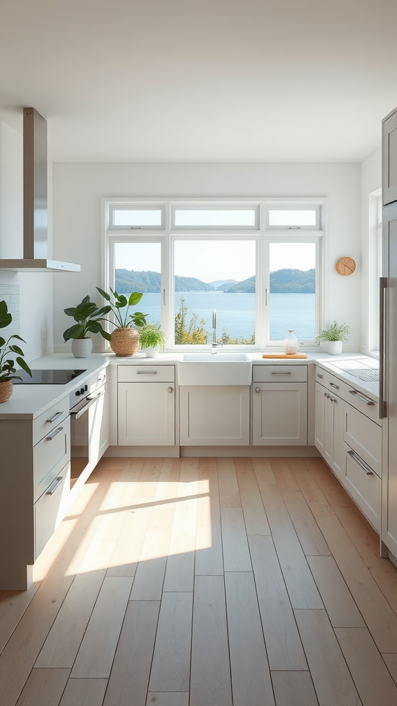 A bright and airy Scandinavian kitchen with large windows overlooking a lake, featuring white cabinetry and wooden flooring.