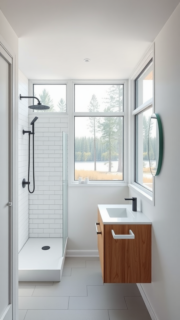 A Scandinavian minimalist bathroom featuring large windows, a glass shower, wood vanity, and modern fixtures.