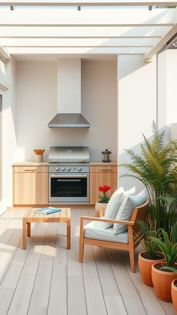 A Scandinavian outdoor kitchen patio with wooden cabinetry, stainless steel appliances, and plants.