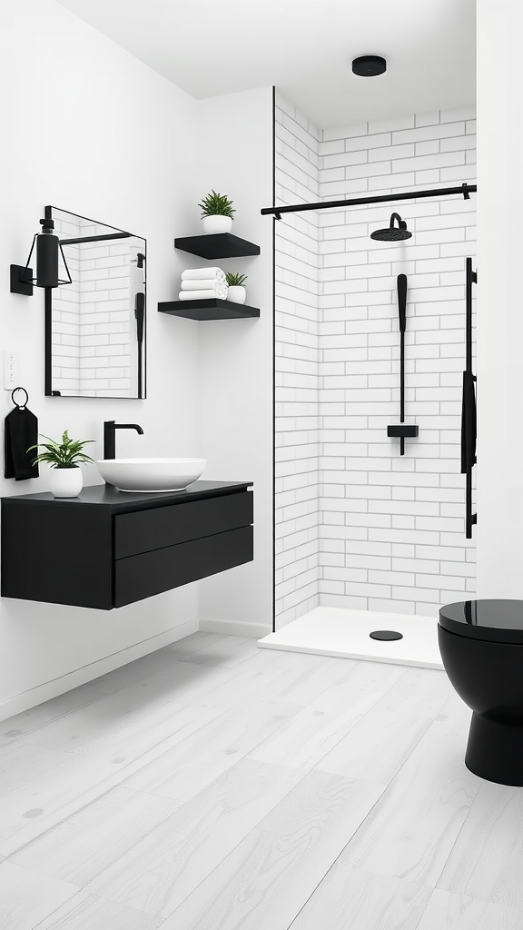 A modern black and white bathroom design showcasing Scandinavian simplicity with minimalist fixtures and natural elements.