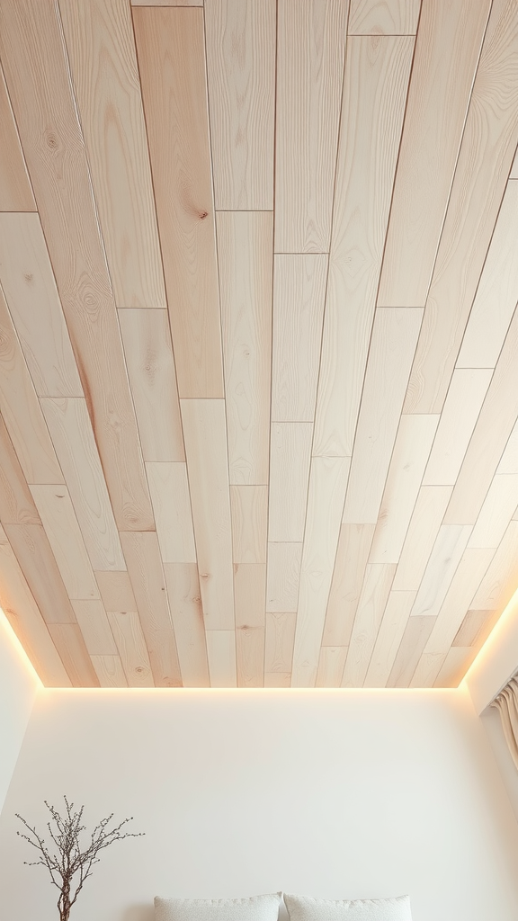 A light wood panel ceiling in a bedroom with subtle lighting.