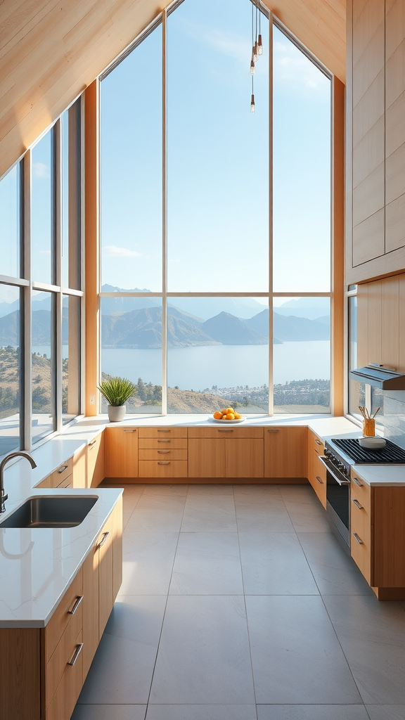 A modern Mid Century kitchen with large windows offering a scenic view of greenery and water.