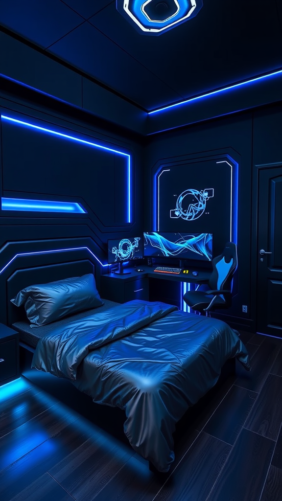 A stylish teen boy bedroom with blue LED lighting and gaming setup.