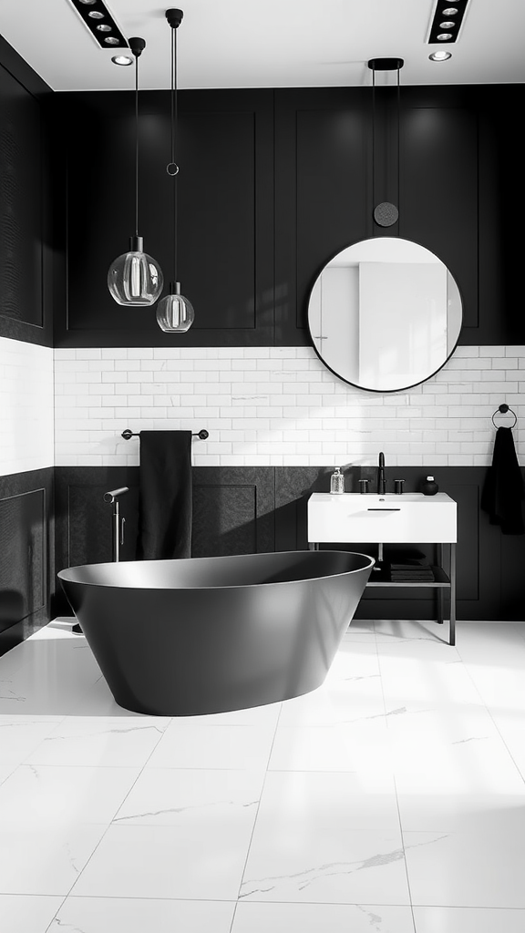 A modern black and white bathroom featuring a sculptural bathtub, sleek cabinetry, and stylish lighting.