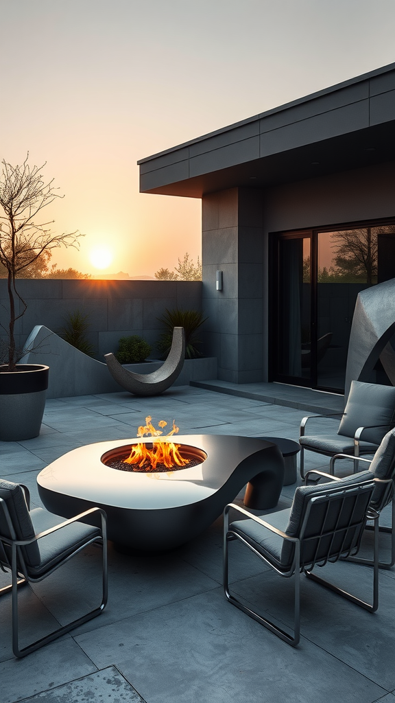 A modern sculptural fire pit surrounded by sleek chairs on a patio, with a sunset in the background.