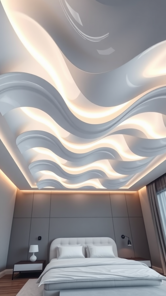 A sculptural wave ceiling design in a modern bedroom with soft lighting.