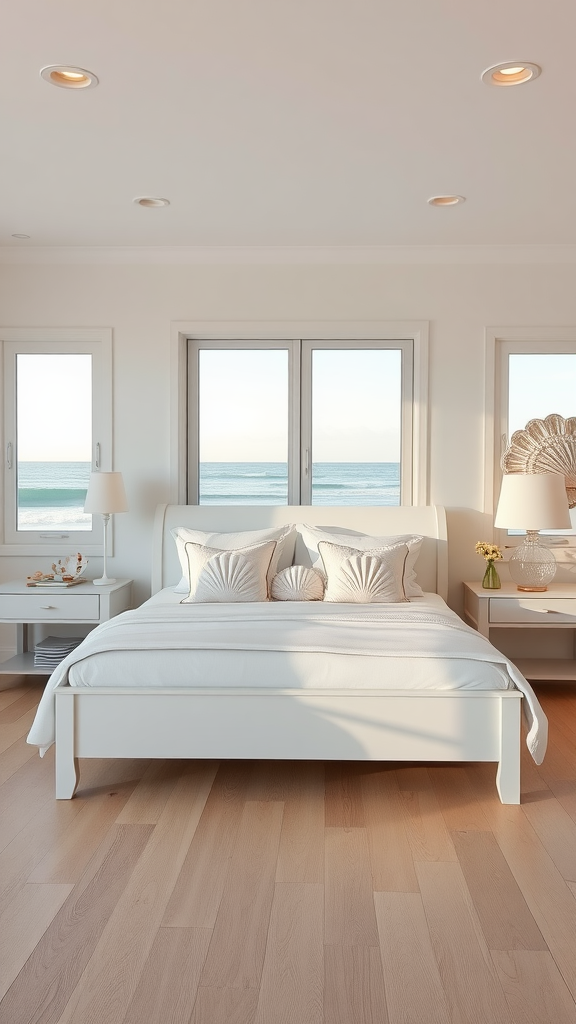 A modern coastal bedroom with a white bed, shell-shaped pillows, and large windows showcasing an ocean view.