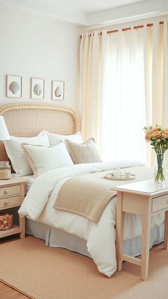 A coastal aesthetic bedroom featuring a rattan headboard, neutral bedding, shell artwork, and a vase of flowers