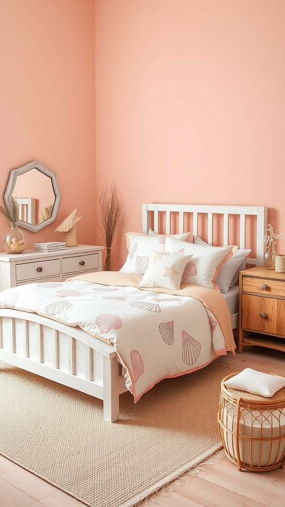 A cozy coastal bedroom with seashell pink walls and shell-patterned bedding.