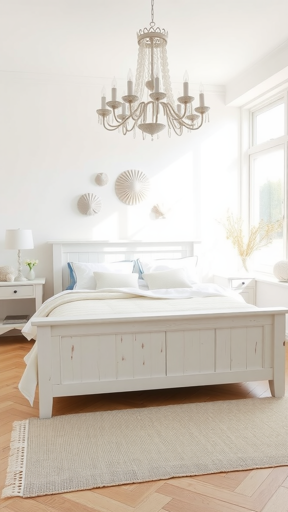 A bright and serene coastal bedroom featuring white wood furniture, soft bedding, and seashell-inspired decor.