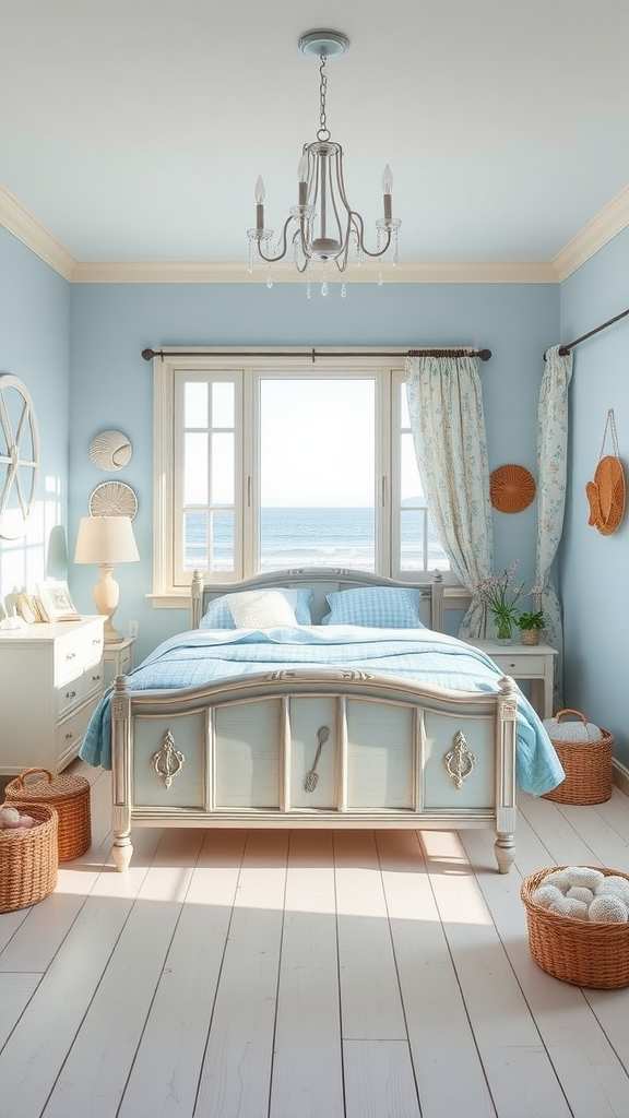 A bright coastal bedroom with light blue walls, large windows overlooking the sea, and a cozy bed.