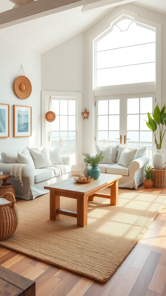 A bright and airy seaside farmhouse living room with light-colored sofas, a rustic wooden coffee table, and coastal decor.