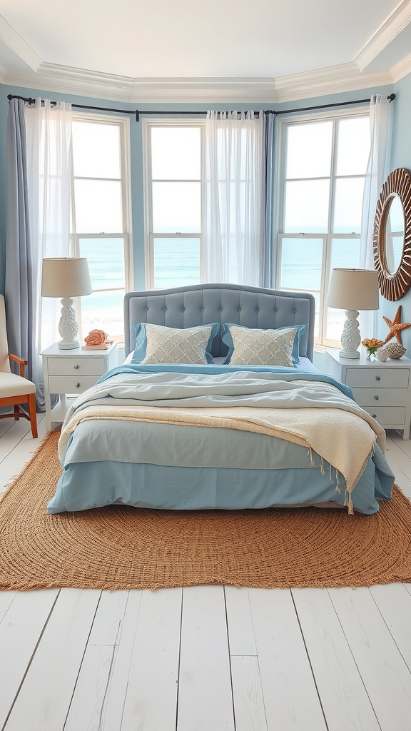 A beautifully designed seaside sanctuary bedroom featuring light blue walls, a plush bed, and large windows overlooking the ocean.