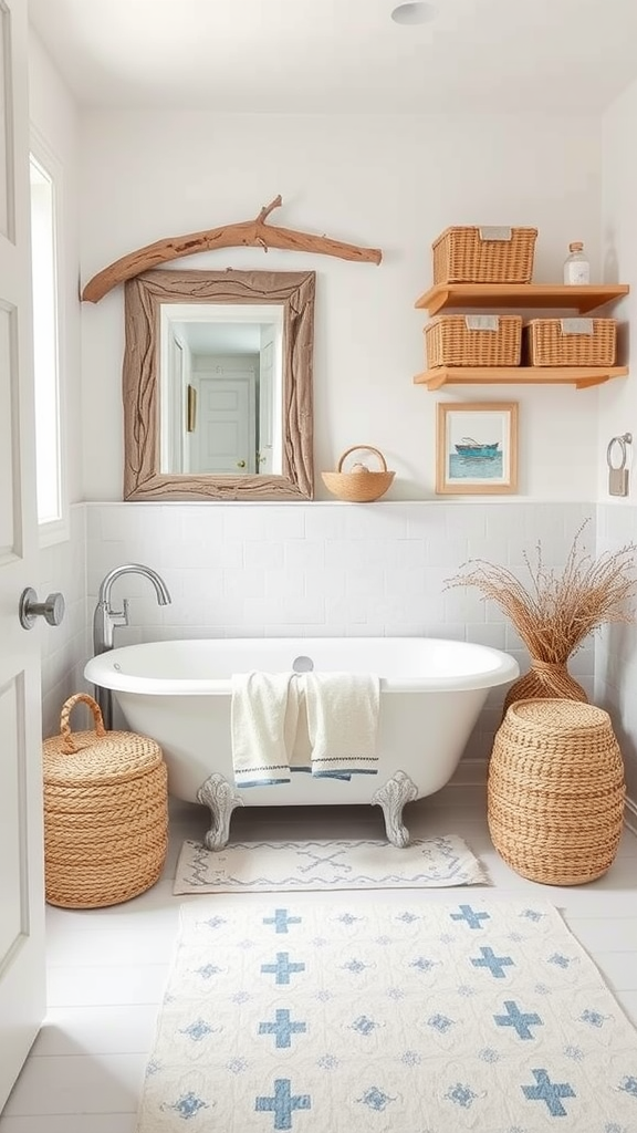 A serene bathroom featuring a freestanding tub, natural decor, and soft colors.