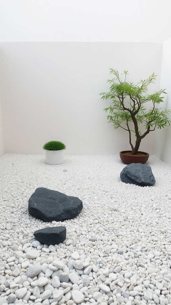 A minimalist Zen rock garden with white pebbles, dark rocks, and a small tree in a pot.