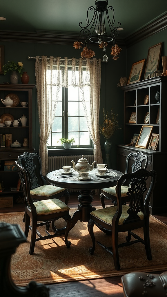 A dark cottagecore tea room with a round table, vintage chairs, and lace curtains, creating a cozy atmosphere.