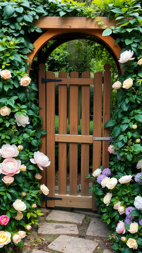 Wooden garden gate surrounded by colorful flowers and greenery.