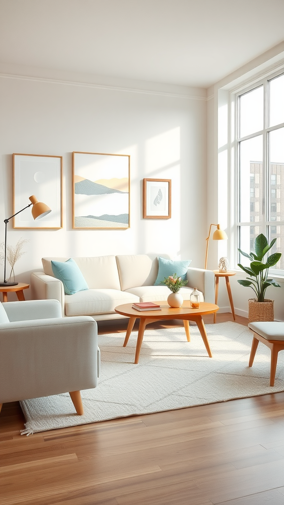 A bright and airy Mid Century Modern living room with pastel colors, featuring a cozy sofa, armchairs, and green plants.