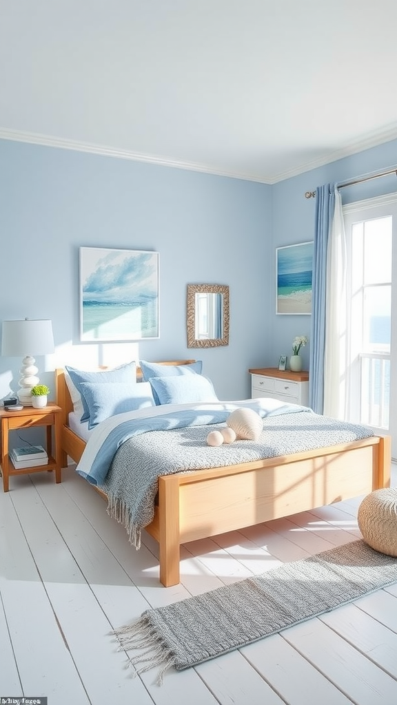 A serene coastal bedroom with light blue walls, wooden furniture, and ocean-themed decor.